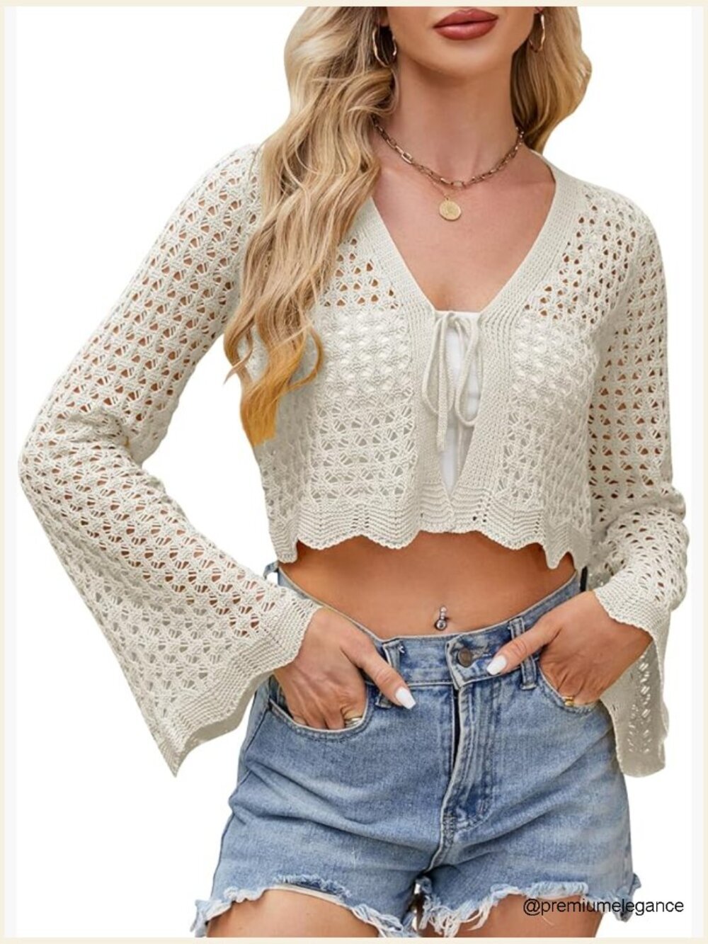 Tie Front Crochet Cropped Cardigan Bell Sleeve Bolero Shrug Summer Cover Up Top